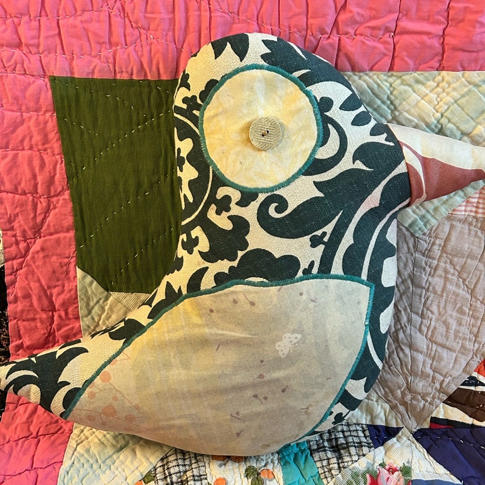 Vintage fabric Folk Art Bird Pillow Multicolor